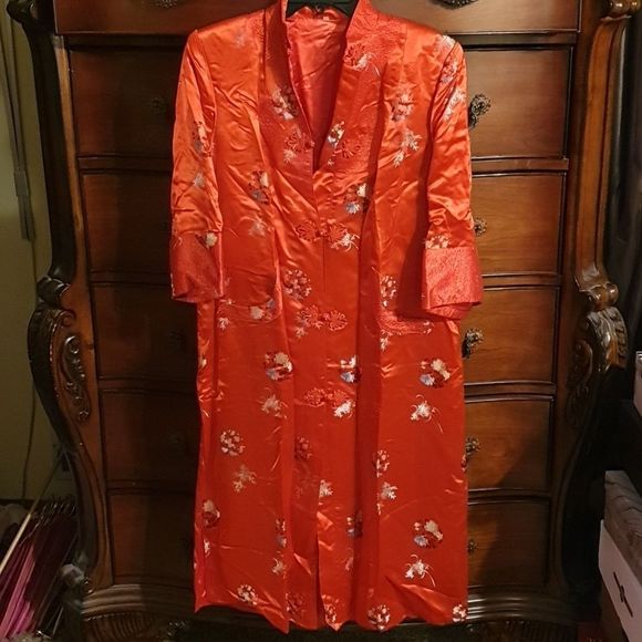 Vtg Asian Shanghai Red Satin Kimono Duster Coat sz (36) - Picture 1 of 7